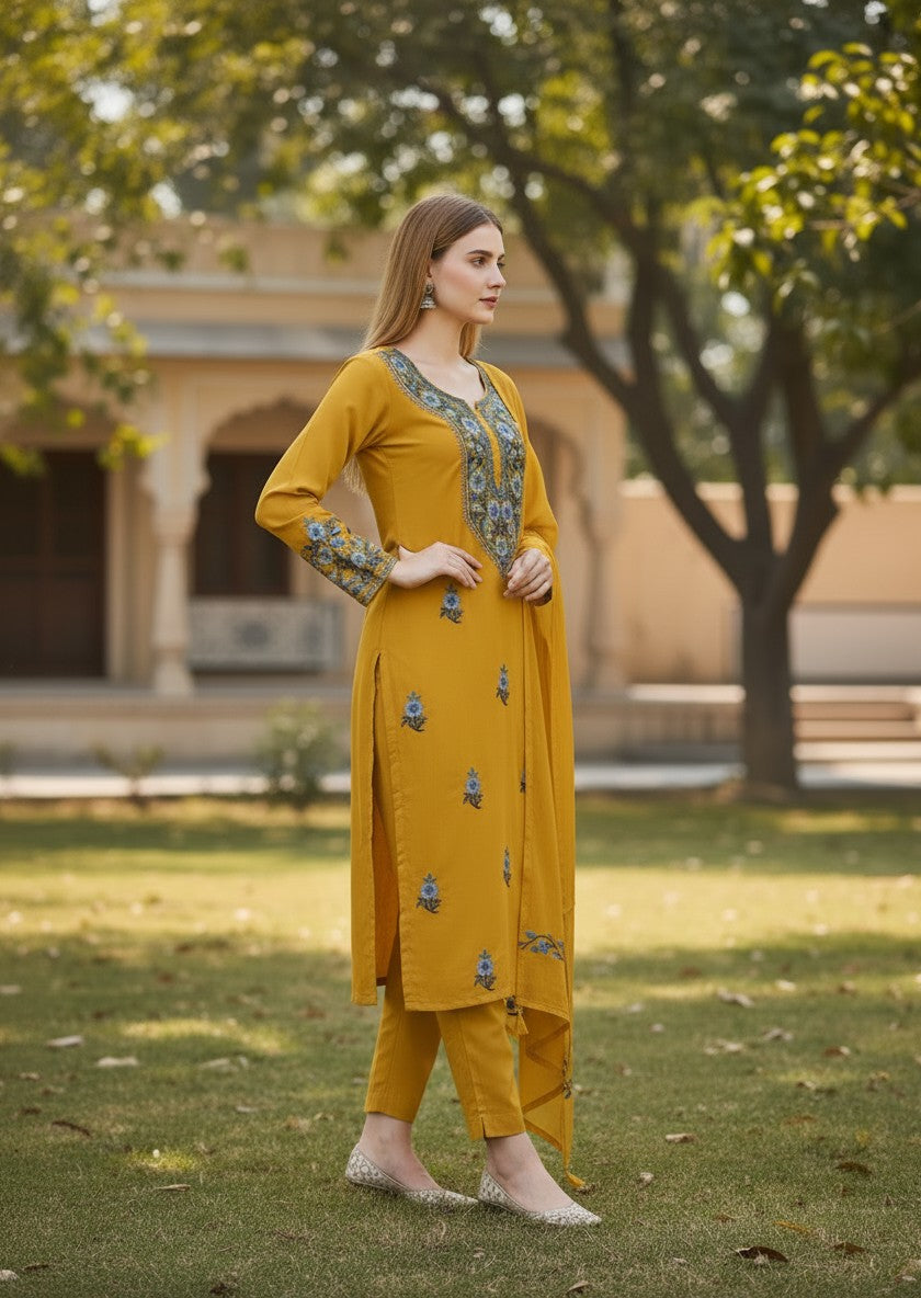 Kashmiri Georgette Suits For Women With Embroidered Dupatta - Mustard