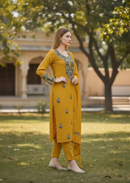 Kashmiri Georgette Suits For Women With Embroidered Dupatta - Mustard