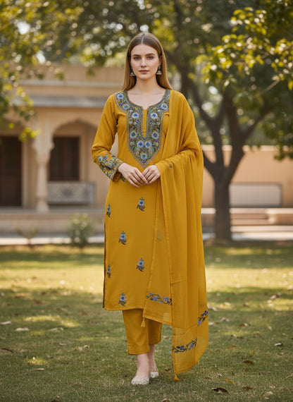 Kashmiri Georgette Suits For Women With Embroidered Dupatta - Mustard