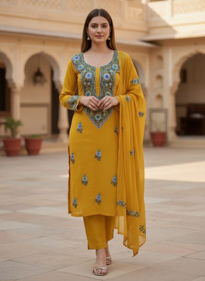 Kashmiri Georgette Suits For Women With Embroidered Dupatta - Mustard