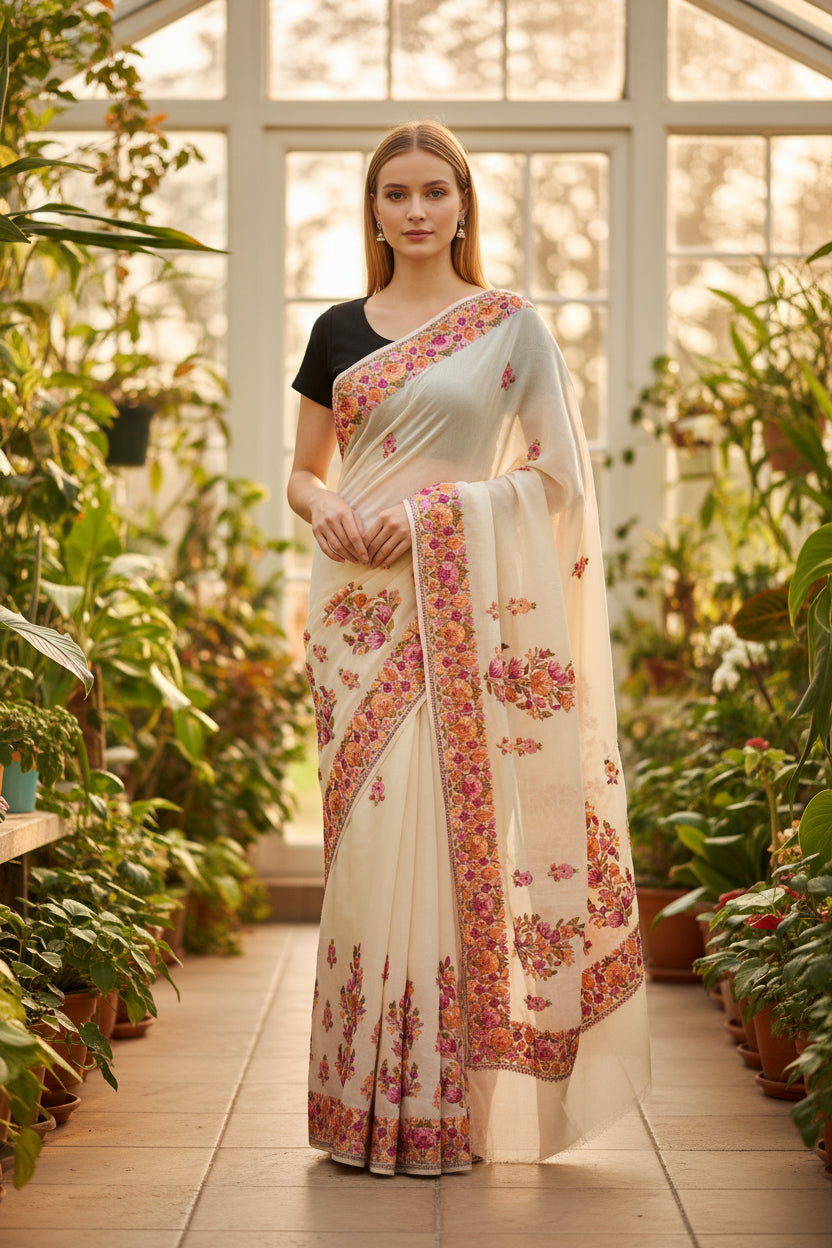 Women's Georgette Sarees Embroidered with Kashmiri Aari work - Beige