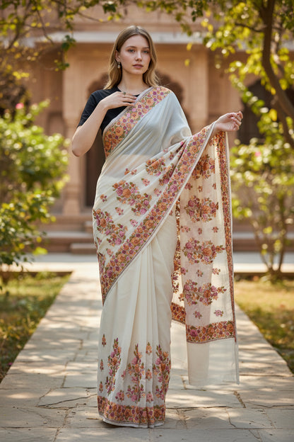Women's Georgette Sarees Embroidered with Kashmiri Aari work - Beige