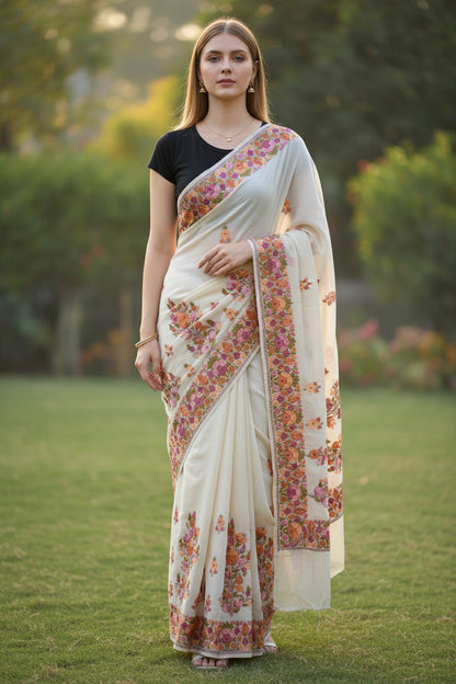 Women's Georgette Sarees Embroidered with Kashmiri Aari work - Beige