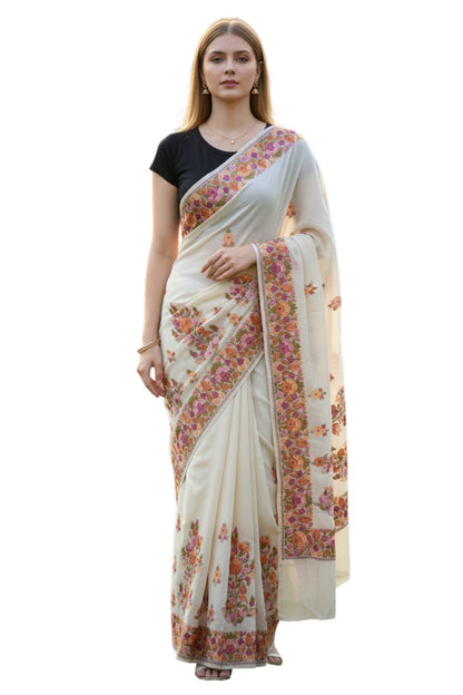 Women's Georgette Sarees Embroidered with Kashmiri Aari work - Beige