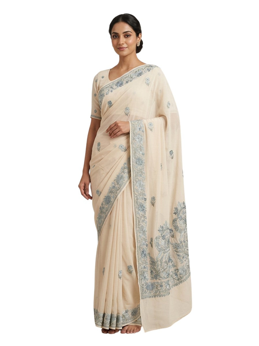 Women's Sarees with Kashmiri Aari Embroidery | Georgette Saree with Unstitched Blouse Pieces. -  OffWhite