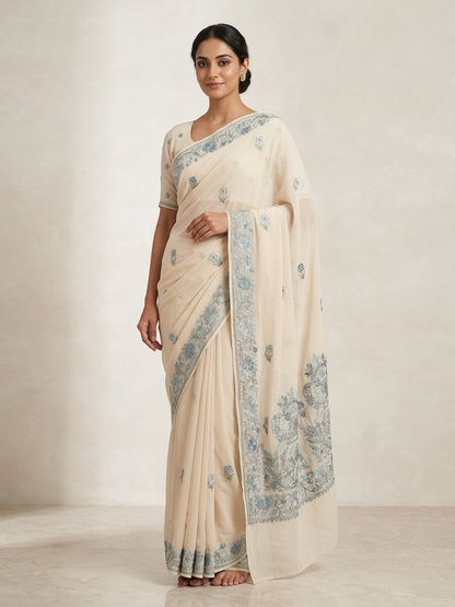 Women's Sarees with Kashmiri Aari Embroidery | Georgette Saree with Unstitched Blouse Pieces. -  OffWhite