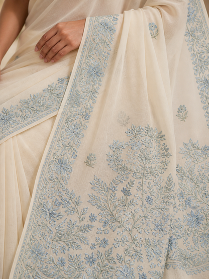 Women's Sarees with Kashmiri Aari Embroidery | Georgette Saree with Unstitched Blouse Pieces. -  OffWhite