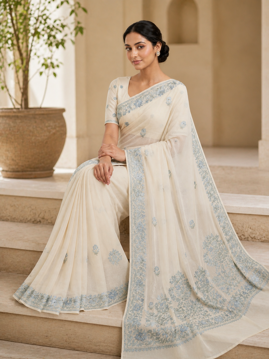 Women's Sarees with Kashmiri Aari Embroidery | Georgette Saree with Unstitched Blouse Pieces. -  OffWhite