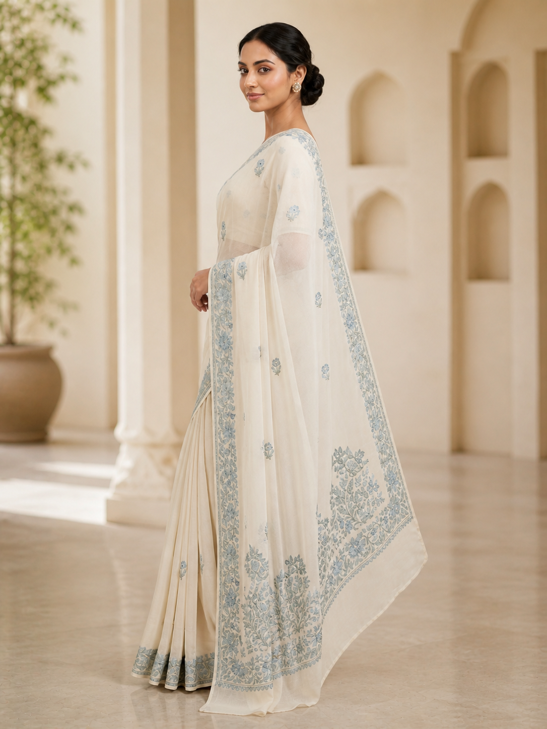 Women's Sarees with Kashmiri Aari Embroidery | Georgette Saree with Unstitched Blouse Pieces. -  OffWhite