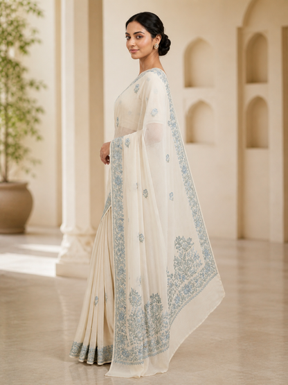 Women's Sarees with Kashmiri Aari Embroidery | Georgette Saree with Unstitched Blouse Pieces. -  OffWhite