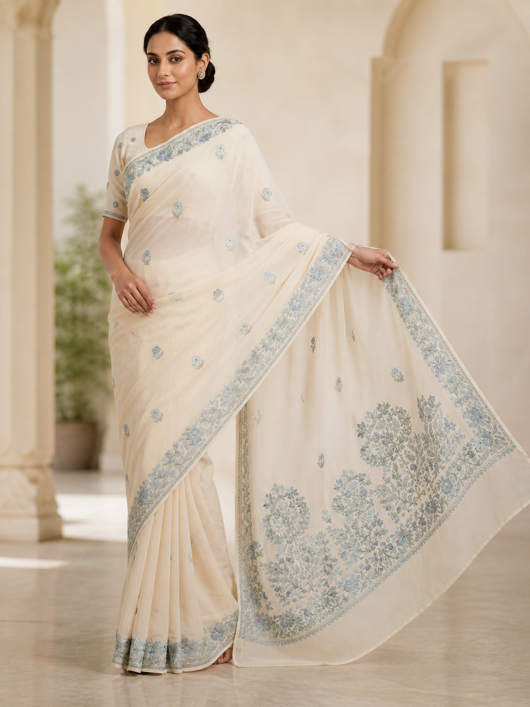 Women's Sarees with Kashmiri Aari Embroidery | Georgette Saree with Unstitched Blouse Pieces. -  OffWhite
