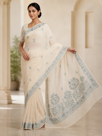 Women's Sarees with Kashmiri Aari Embroidery | Georgette Saree with Unstitched Blouse Pieces. -  OffWhite