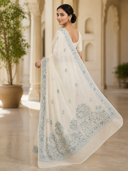 Women's Sarees with Kashmiri Aari Embroidery | Georgette Saree with Unstitched Blouse Pieces. -  OffWhite