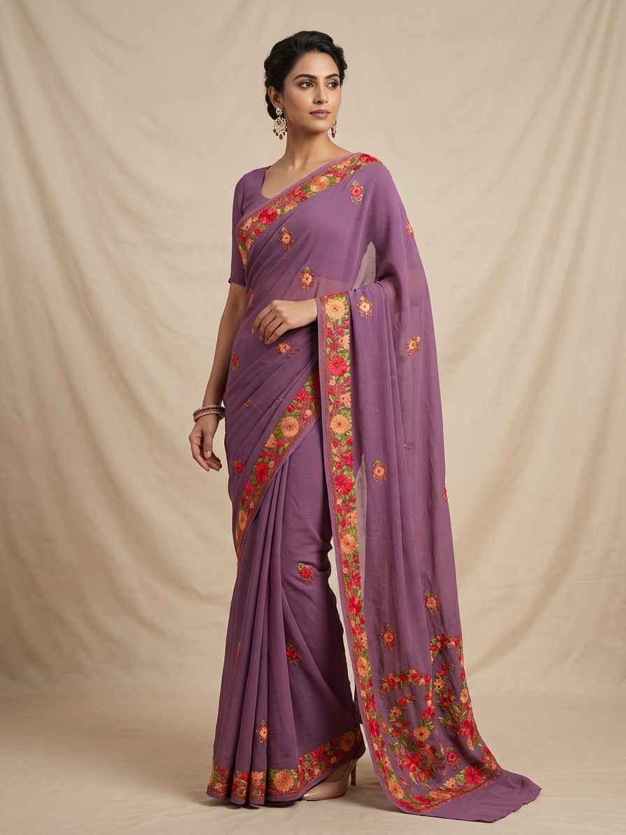 Women's Sarees with Kashmiri Aari Embroidery | Georgette Saree with Unstitched Blouse Pieces. -  Purple
