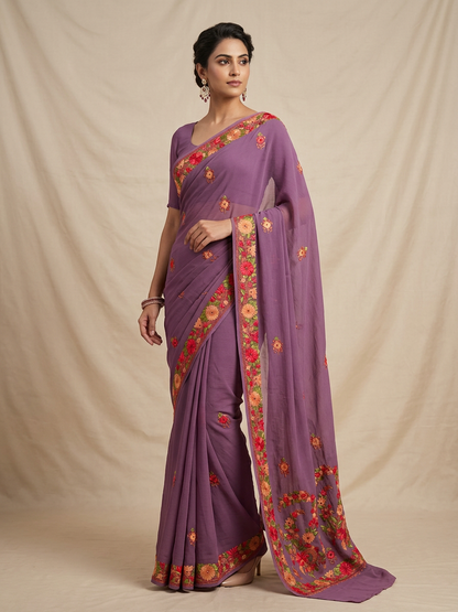 Women's Sarees with Kashmiri Aari Embroidery | Georgette Saree with Unstitched Blouse Pieces. -  Purple