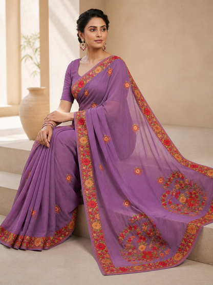Women's Sarees with Kashmiri Aari Embroidery | Georgette Saree with Unstitched Blouse Pieces. -  Purple