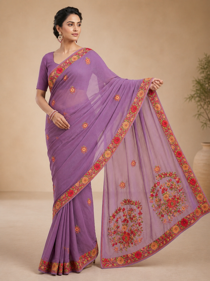 Women's Sarees with Kashmiri Aari Embroidery | Georgette Saree with Unstitched Blouse Pieces. -  Purple