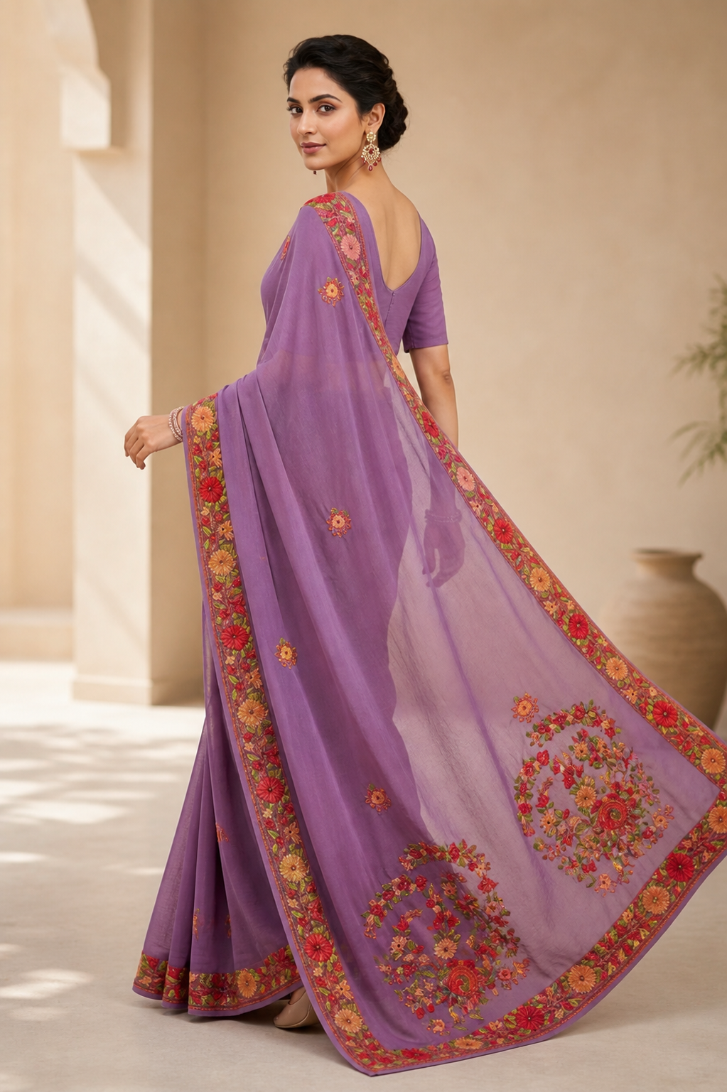Women's Sarees with Kashmiri Aari Embroidery | Georgette Saree with Unstitched Blouse Pieces. -  Purple