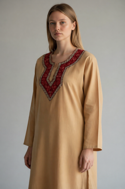 Women Cotton Suits with Kashmiri Hand Sozni Embroidery Two Piece Suit - Beige