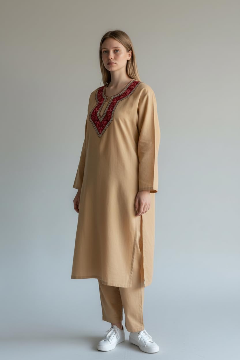 Women Cotton Suits with Kashmiri Hand Sozni Embroidery Two Piece Suit - Beige