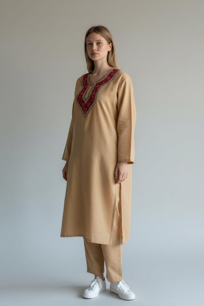 Women Cotton Suits with Kashmiri Hand Sozni Embroidery Two Piece Suit - Beige