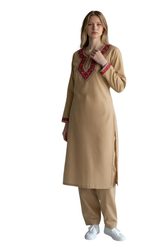 Women Cotton Suits with Kashmiri Hand Sozni Embroidery Two Piece Suit - Beige