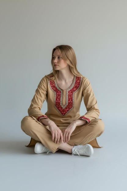 Women Cotton Suits with Kashmiri Hand Sozni Embroidery Two Piece Suit - Beige