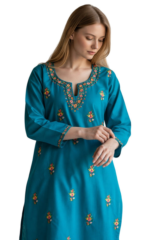 Women Cotton Suits with Kashmiri Hand Sozni Embroidery Two Piece Suit - Blue
