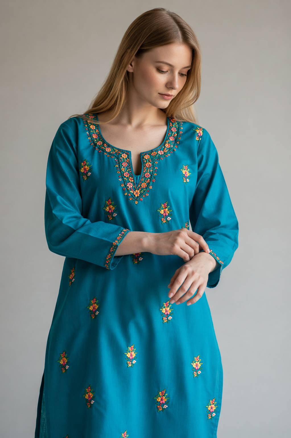 Women Cotton Suits with Kashmiri Hand Sozni Embroidery Two Piece Suit - Blue