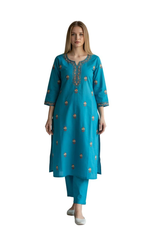 Women Cotton Suits with Kashmiri Hand Sozni Embroidery Two Piece Suit - Blue