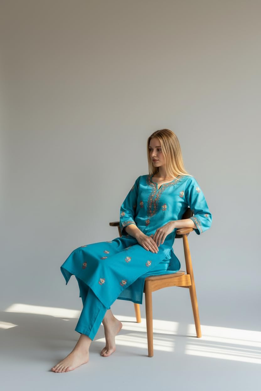 Women Cotton Suits with Kashmiri Hand Sozni Embroidery Two Piece Suit - Blue