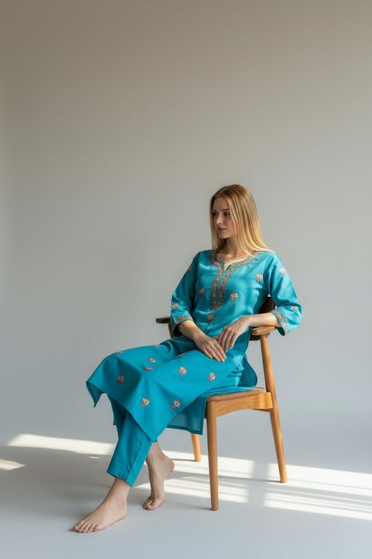 Women Cotton Suits with Kashmiri Hand Sozni Embroidery Two Piece Suit - Blue