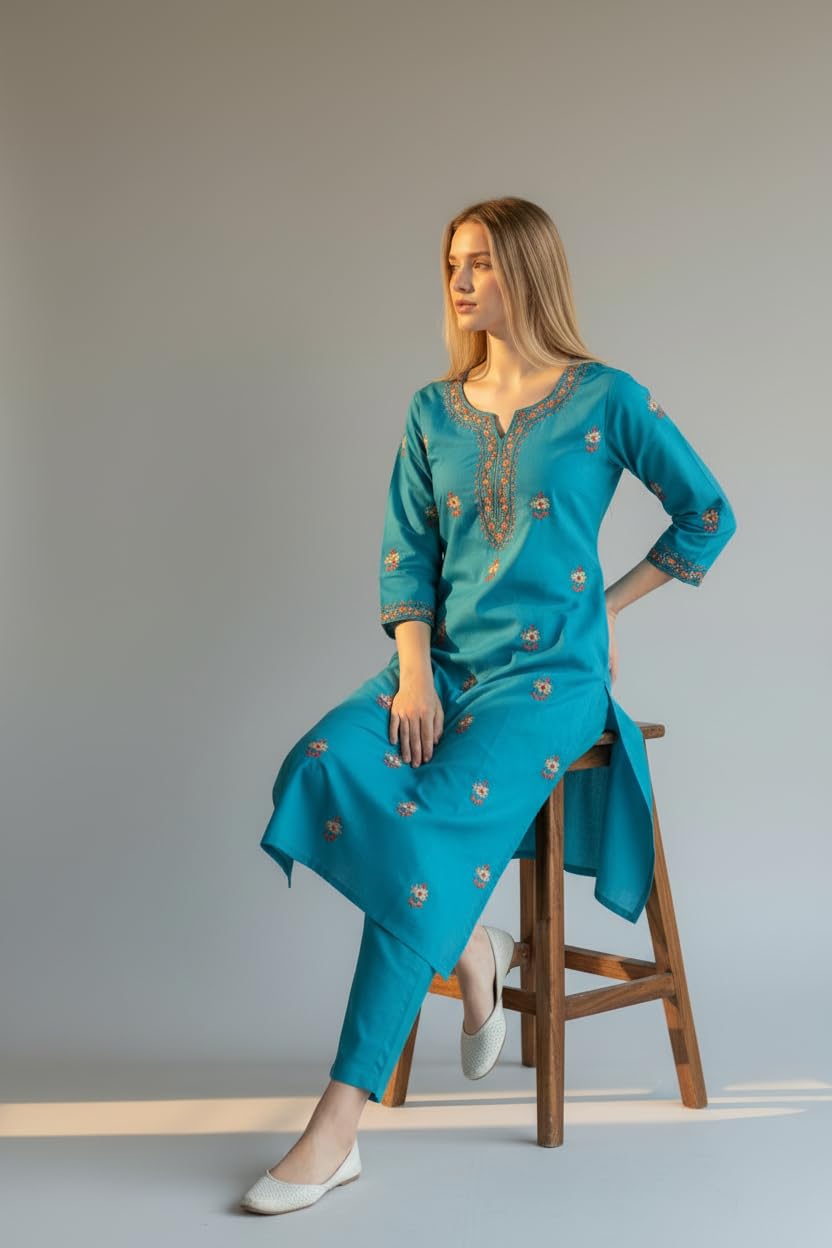Women Cotton Suits with Kashmiri Hand Sozni Embroidery Two Piece Suit - Blue