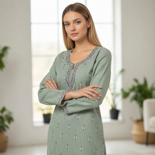 Women Cotton Suits with Kashmiri Hand Aari Embroidery Two Piece Suit - Light Green