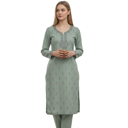 Women Cotton Suits with Kashmiri Hand Aari Embroidery Two Piece Suit - Light Green