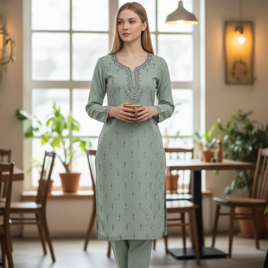 Women Cotton Suits with Kashmiri Hand Aari Embroidery Two Piece Suit - Light Green