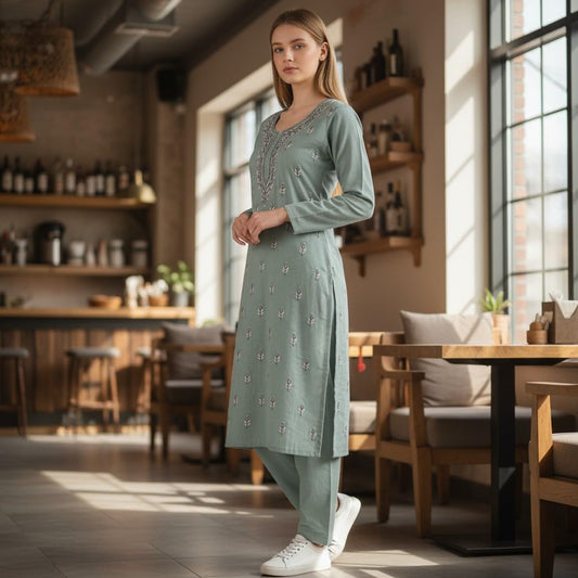 Women Cotton Suits with Kashmiri Hand Aari Embroidery Two Piece Suit - Light Green