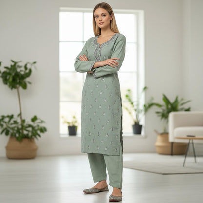 Women Cotton Suits with Kashmiri Hand Aari Embroidery Two Piece Suit - Light Green