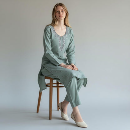 Women Cotton Suits with Kashmiri Hand Aari Embroidery Two Piece Suit - Light Green