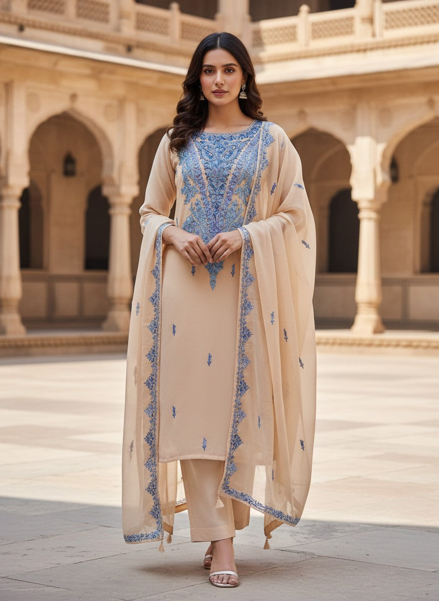 Kashmiri Georgette Suits For Women With Embroidered Dupatta - Cream