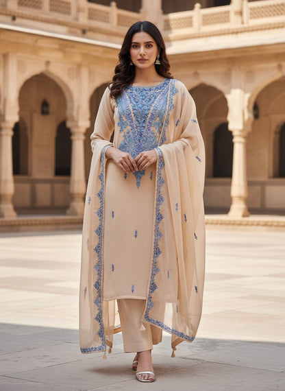 Kashmiri Georgette Suits For Women With Embroidered Dupatta - Cream
