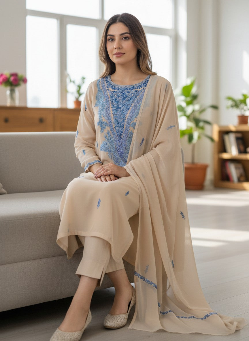 Kashmiri Georgette Suits For Women With Embroidered Dupatta - Cream