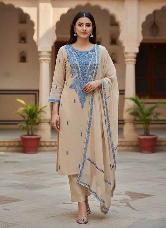 Kashmiri Georgette Suits For Women With Embroidered Dupatta - Cream