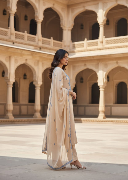 Kashmiri Georgette Suits For Women With Embroidered Dupatta - Cream