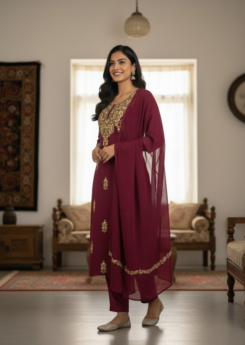 Kashmiri Georgette Suits For Women With Embroidered Dupatta - Maroon