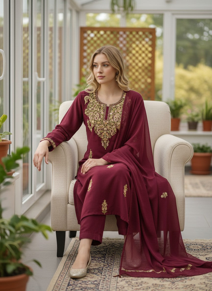 Kashmiri Georgette Suits For Women With Embroidered Dupatta - Maroon