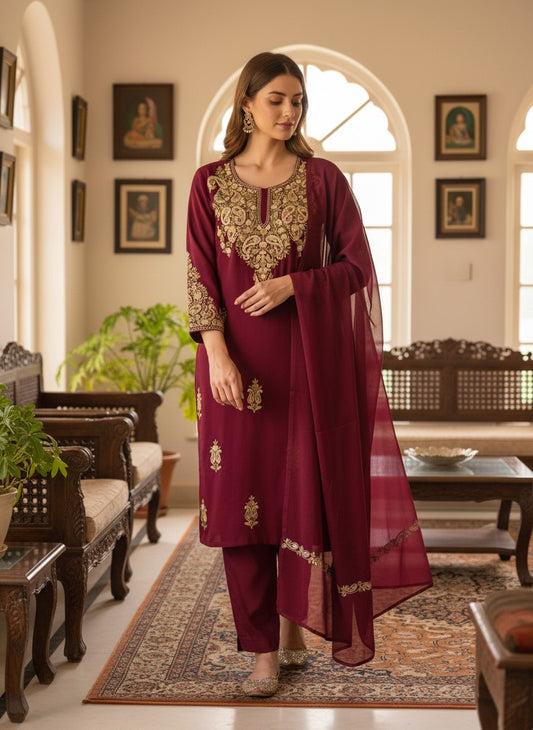 Kashmiri Georgette Suits For Women With Embroidered Dupatta - Maroon
