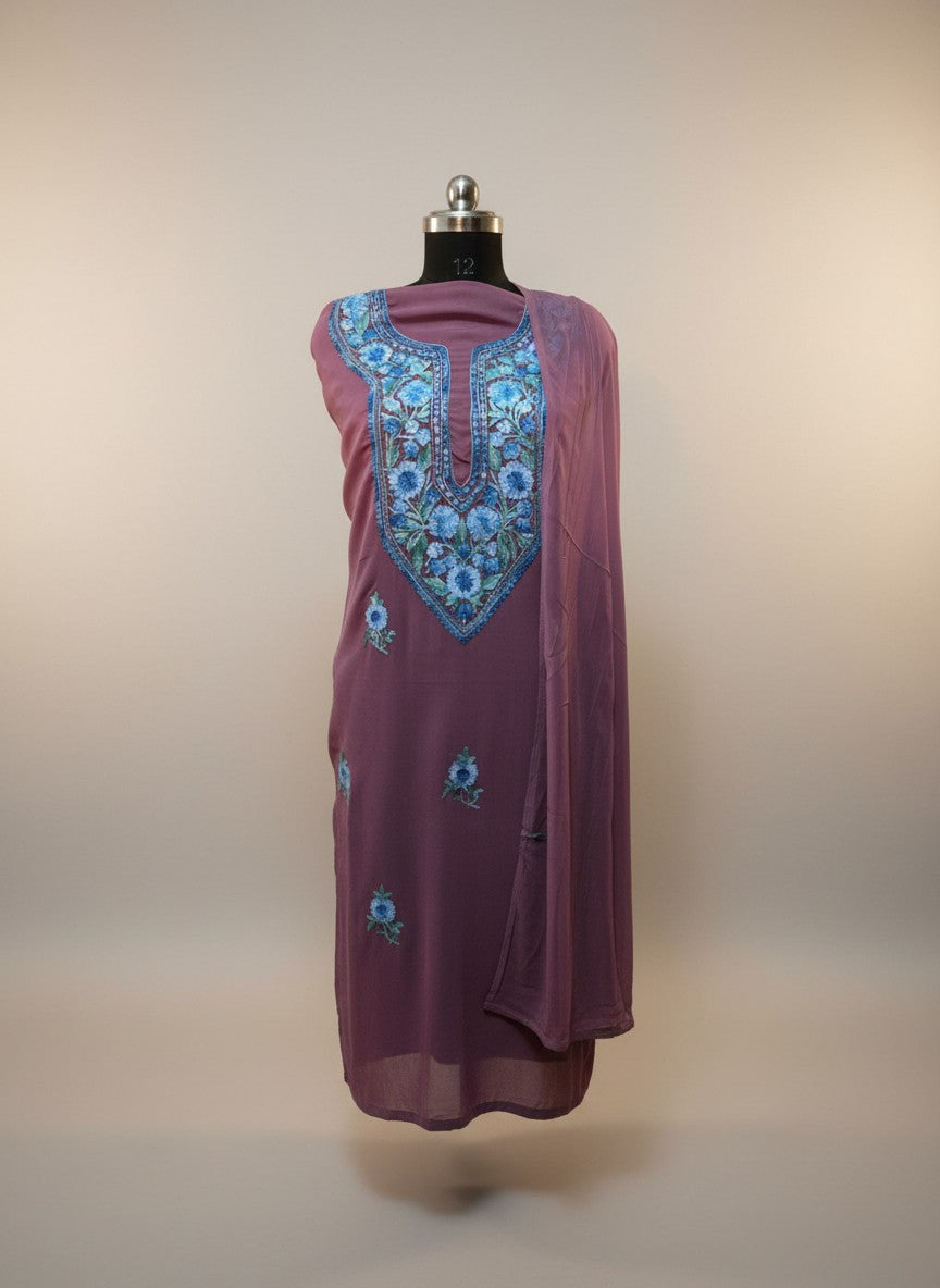 Kashmiri Georgette Suits For Women With Embroidered Dupatta - Pink