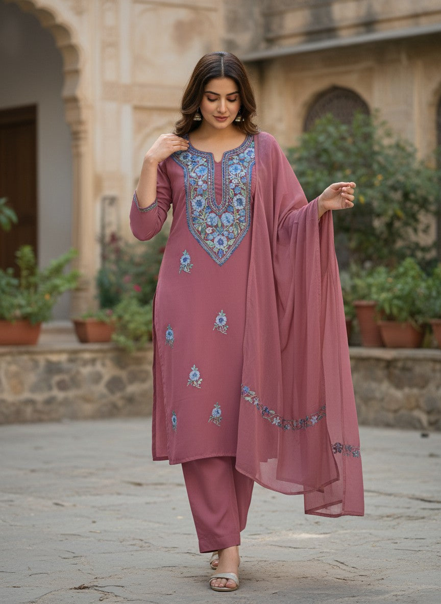 Kashmiri Georgette Suits For Women With Embroidered Dupatta - Pink