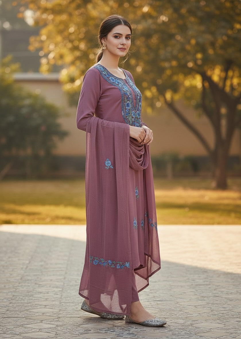 Kashmiri Georgette Suits For Women With Embroidered Dupatta - Pink